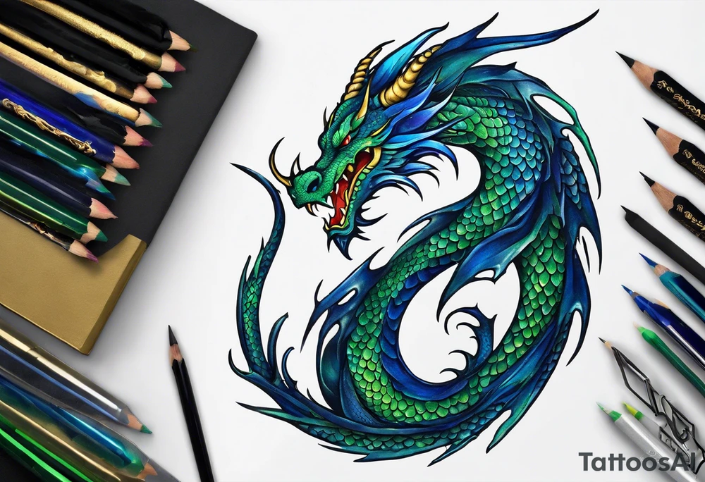An epic dragon, its body coiling dynamically, with scales and horns detailed to create a sense of movement and strength. The dragon's main color is dark blue but features accents in green, blue, and gold, giving a vibrant depth and a mystical aura. This tattoo highlights the dragon’s fierce expression and sharp claws as it wraps protectively around the leg. It doesn't have wings. Style: Realism tattoo idea