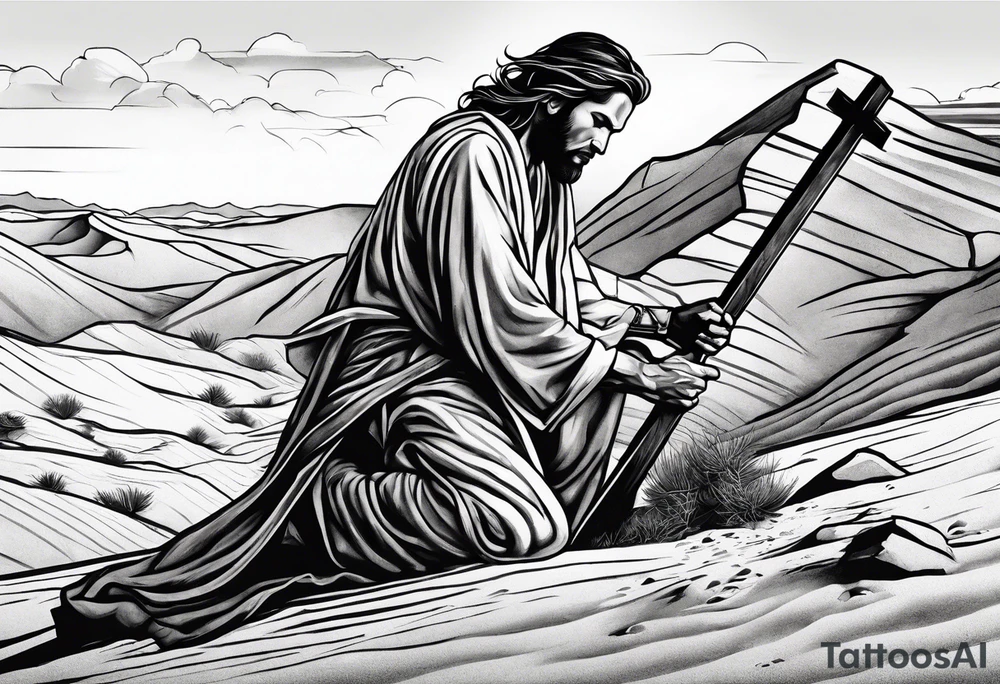 man crawling in a desert reaching to the cross of Christ tattoo idea
