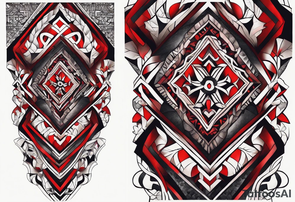 semi Detailed neo traditional knee tattoo on paper. The tattoo features geometric patterns and bold lines, creating a visually striking design with slight tints of deep red. tattoo idea