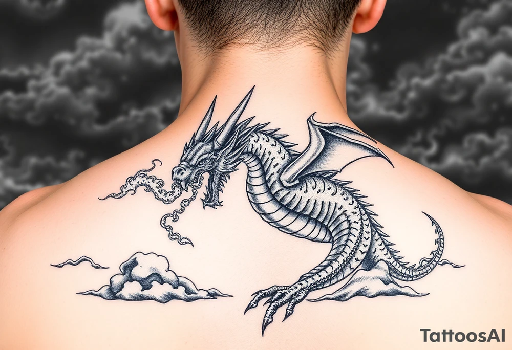 fierce dragon breathing iridescent fire against stormy skies tattoo idea