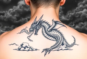 fierce dragon breathing iridescent fire against stormy skies tattoo idea