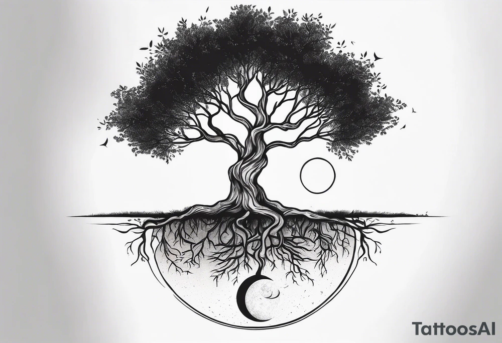 Tree with deep roots, the tree is holding the sun and the moon tattoo idea