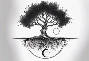 Tree with deep roots, the tree is holding the sun and the moon tattoo idea