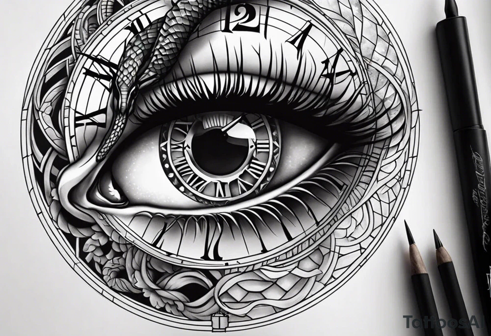 human eye with snake and clock tattoo idea