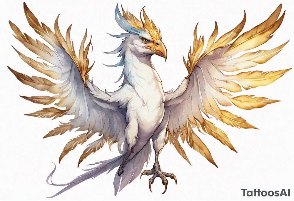 a watercolor of a white bird-wyvern hybrid wearing a plain crown, with light gold wing feathers tattoo idea