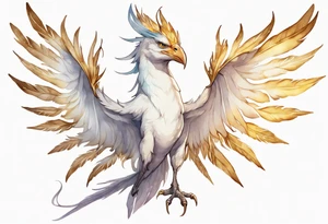 a watercolor of a white bird-wyvern hybrid wearing a plain crown, with light gold wing feathers tattoo idea