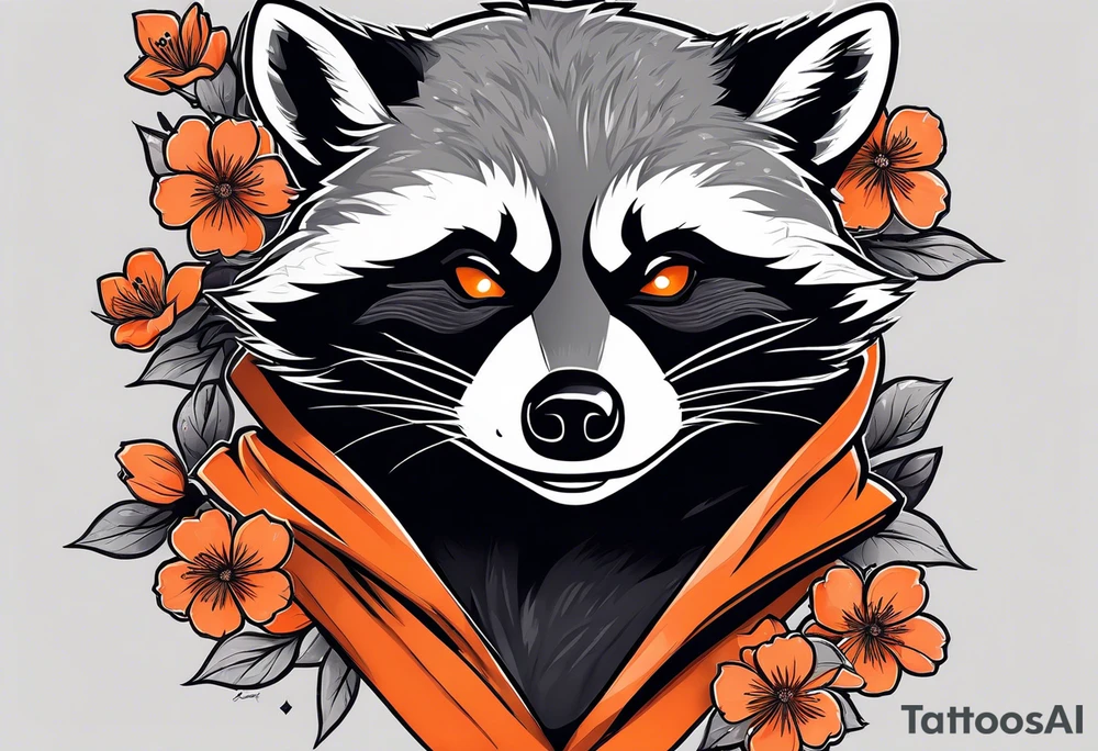 Raccoon wearing a white Superman logo on a black hoodie and orange Japanese cherry blossoms tattoo idea