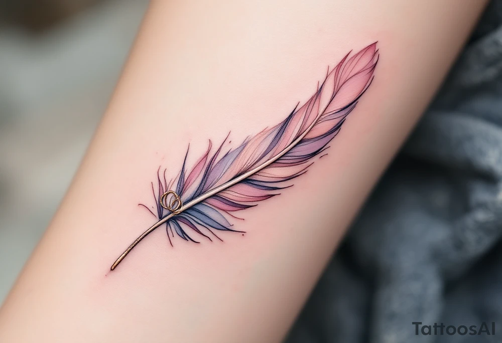 A delicate feather with soft watercolor shades of blush pink, lavender, and light gold, gently floating across the skin, with the quill end elegantly transforming into two intertwined wedding rings. The soft, feathered strokes gradually fade into a light mist, symbolizing lightness, freedom, and the enduring beauty of love. tattoo idea