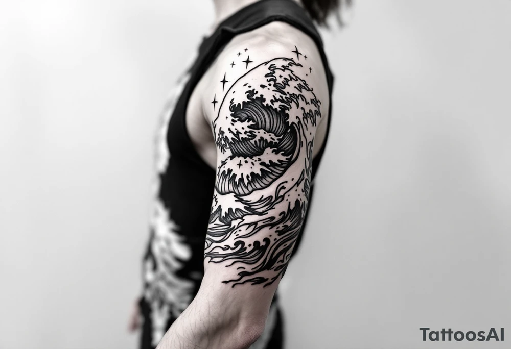 Fine line powerful ocean half sleeve with some shading tattoo idea Fine line powerful ocean half sleeve with some shading tattoo idea