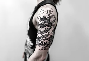 Fine line powerful ocean half sleeve with some shading tattoo idea