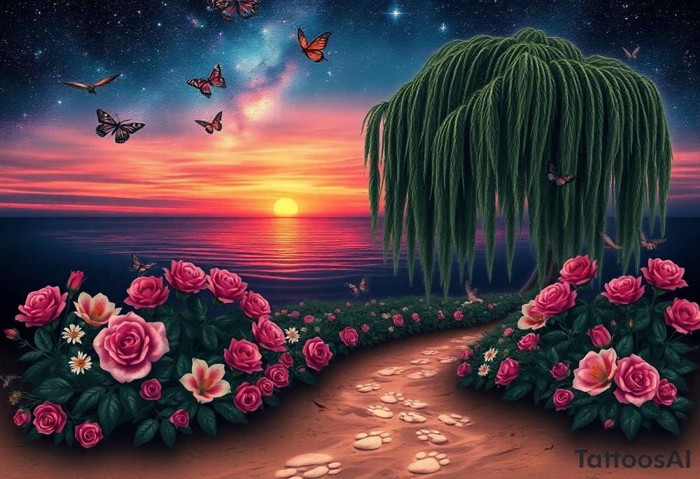 Sunset galaxy. Dark Ocean.  weeping willow garden with roses and lilies flower beds, fairies, mermiads, dragons butterflies,  cat paw prints path in dirt. tattoo idea