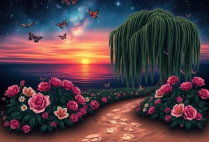Sunset galaxy. Dark Ocean.  weeping willow garden with roses and lilies flower beds, fairies, mermiads, dragons butterflies,  cat paw prints path in dirt. tattoo idea
