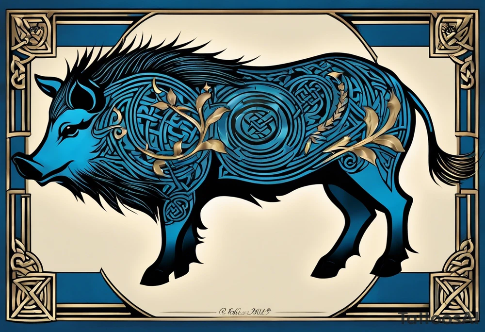 Side profile, Celtic, tribal, wild boar, On a Chatwin family crest with blue background, two gold stars, and a gold Chevron, and a Thistle. With bold black tribal lines. ancient Celtic, tribal boar tattoo idea