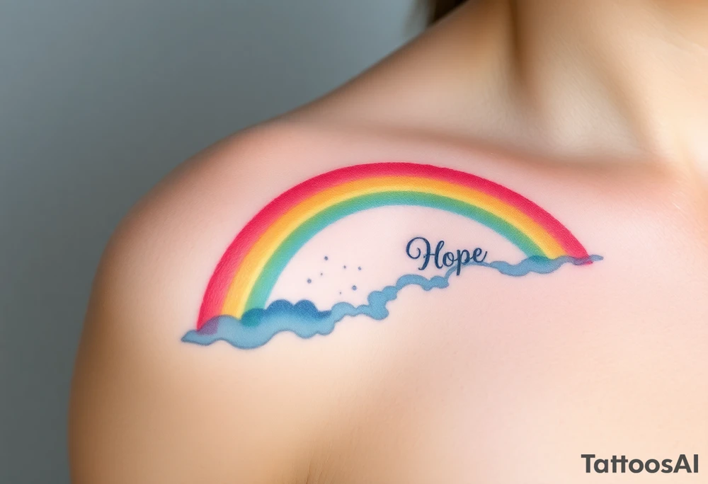 A vibrant rainbow stretching across a cloudy sky, with soft pastel gradients, symbolizing hope after a storm tattoo idea