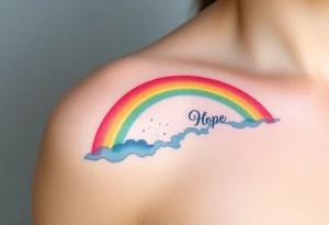 A vibrant rainbow stretching across a cloudy sky, with soft pastel gradients, symbolizing hope after a storm tattoo idea