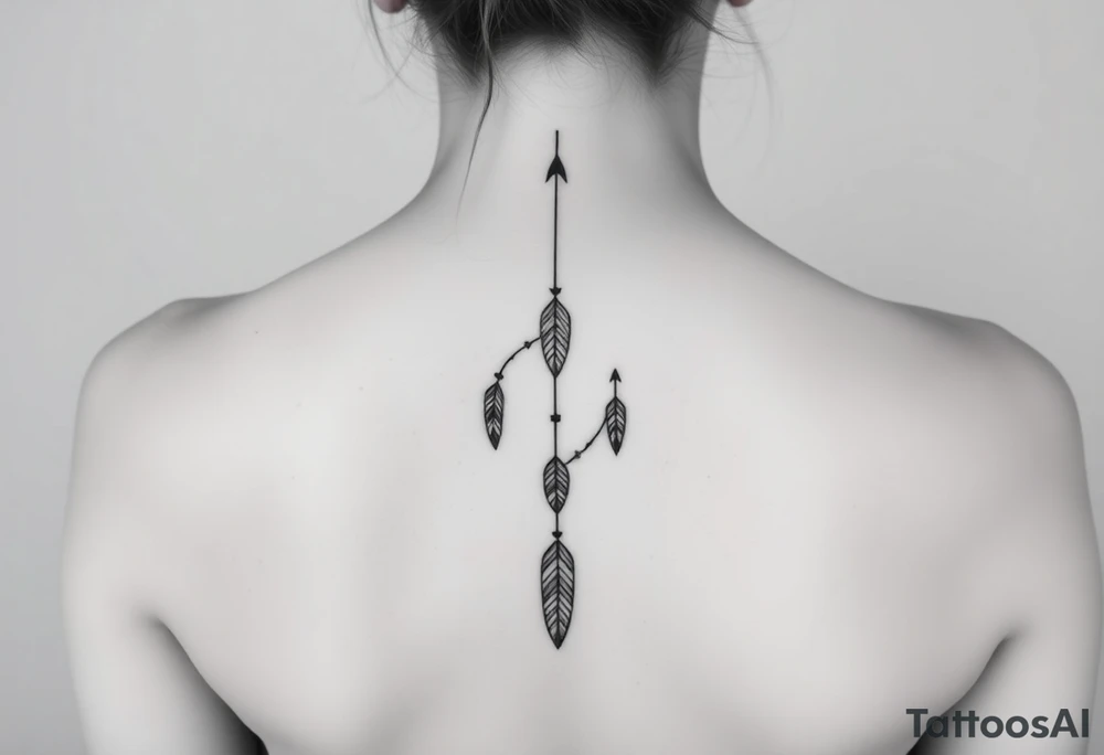 Thin spinal tattoo following down the spine in a native style with 3 vertical different lengths flowing lines made of a discreet connection of morse code ".--- .- --.     .-.. ... -.- .- .-.   -.. .. --.     .-.. .. .-.. .-.. . -... .-. --- .-. forming 3 arrow shapes connected to flowing feathers hanging from the morse code lines tattoo idea