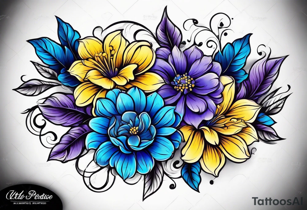 Blue yellow and purple flowers arm sleeve tattoo idea