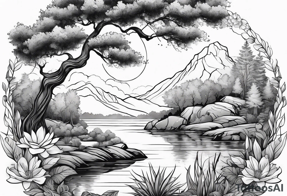 Peaceful nature scene with flowers, trees, animals and water tattoo idea