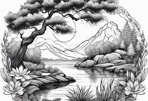 Peaceful nature scene with flowers, trees, animals and water tattoo idea