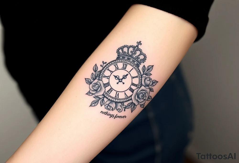 Roman clock with a crown, with roses and a quote that says nothings forever and with a deck of cards gangster chicano style tattoo idea