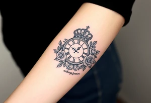Roman clock with a crown, with roses and a quote that says nothings forever and with a deck of cards gangster chicano style tattoo idea