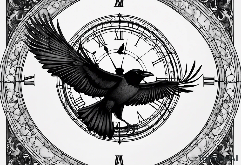 Crow with wings spread out, preached on top of a circle window with the words Time doesn’t heal anything, it just teaches us how to live with the pain tattoo idea