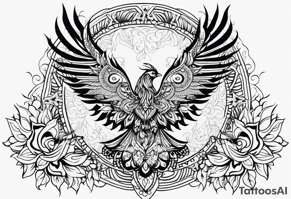 Tribal bohemian feminine impowering Phoenix rising with smoke, mandala sun, floral, lace background tattoo idea