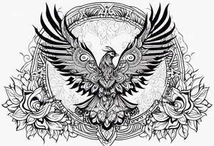 Tribal bohemian feminine impowering Phoenix rising with smoke, mandala sun, floral, lace background tattoo idea