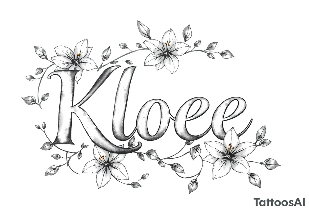 The word Kloee surrounded by lilies with the vines in letters tattoo idea