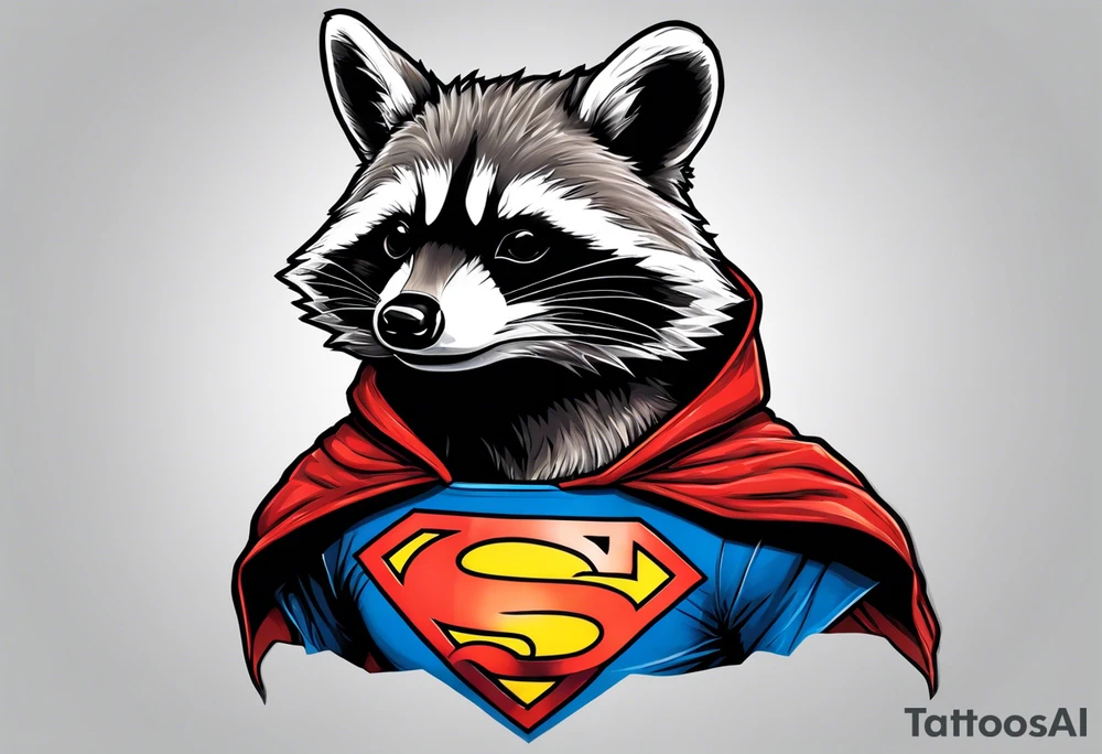 raccoon wearing a Superman hoodie tattoo idea