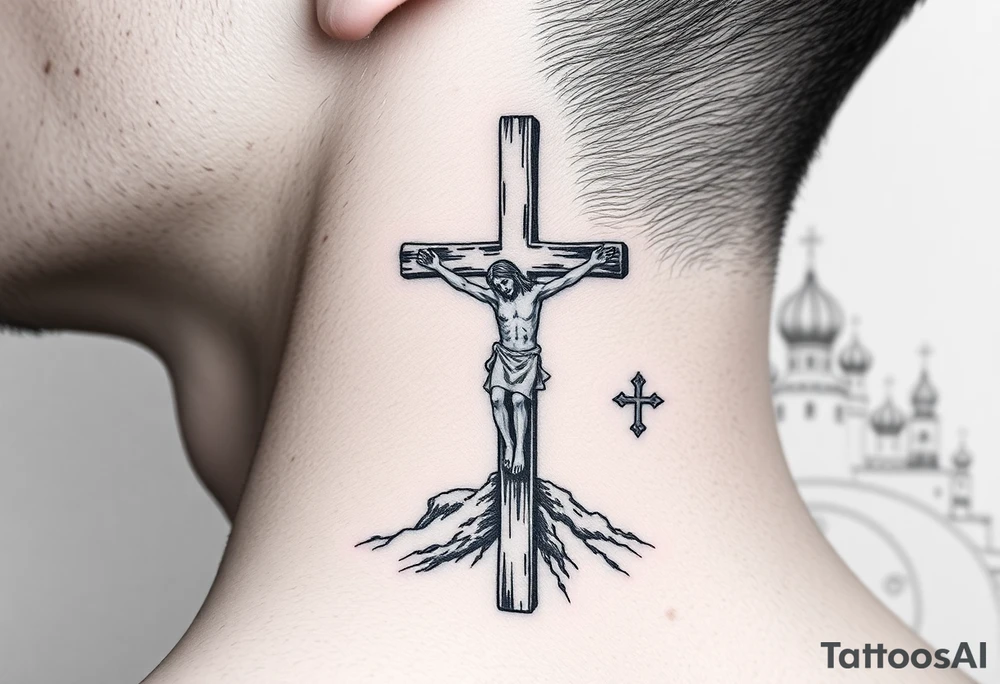 Traditional orthodox ICXC Christian cross with Jesus Christ on the cross also with the slanted part of the cross where christs feet were nailed in a Russian wilderness Kremlin setting tattoo idea