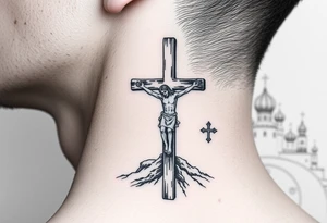 Traditional orthodox ICXC Christian cross with Jesus Christ on the cross also with the slanted part of the cross where christs feet were nailed in a Russian wilderness Kremlin setting tattoo idea