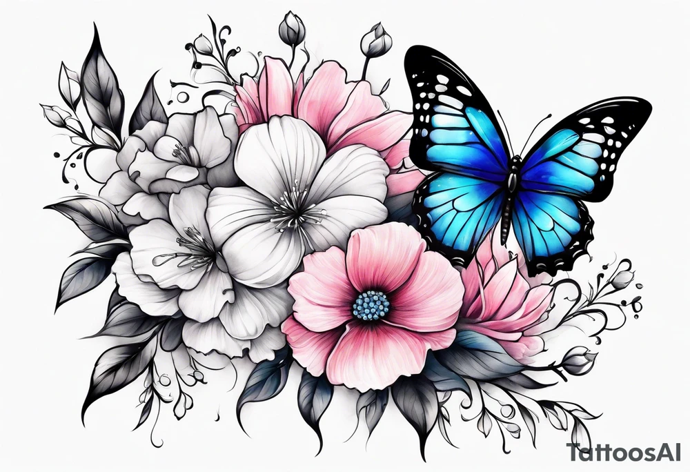 Female arm sleeve with pink, white, and blue flowers and butterflies tattoo idea
