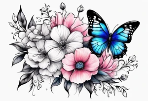 Female arm sleeve with pink, white, and blue flowers and butterflies tattoo idea