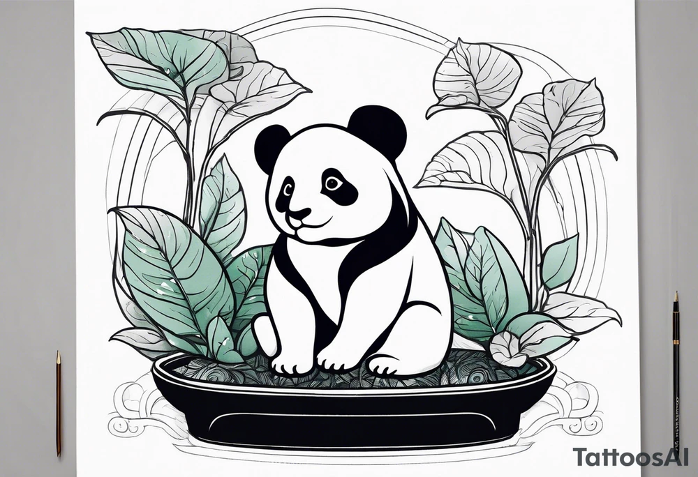 a bonsai pot with anthurium leaves and a statue of a baby panda sitting under the foliage tattoo idea
