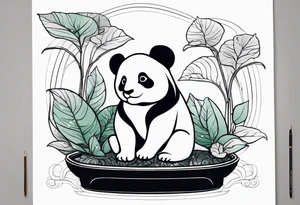 a bonsai pot with anthurium leaves and a statue of a baby panda sitting under the foliage tattoo idea