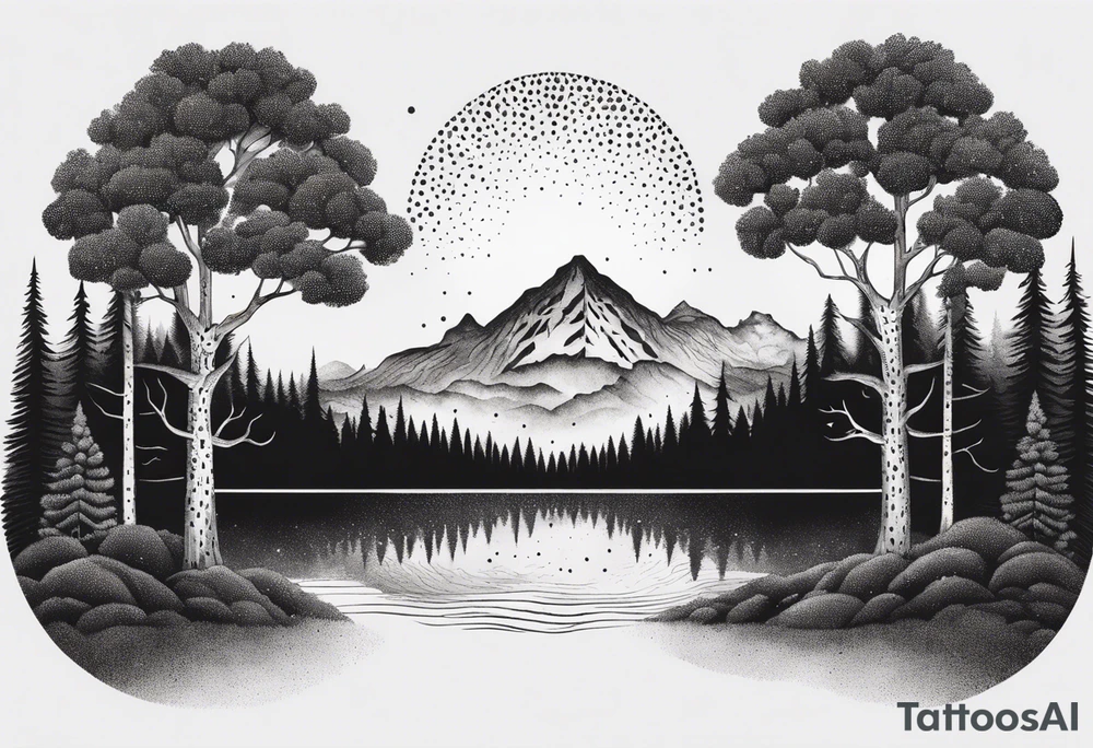 a forest along the edges where the mountains burn below and in the distance with full trees and emptiness in the middle tattoo idea