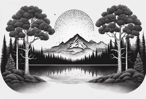 a forest along the edges where the mountains burn below and in the distance with full trees and emptiness in the middle tattoo idea