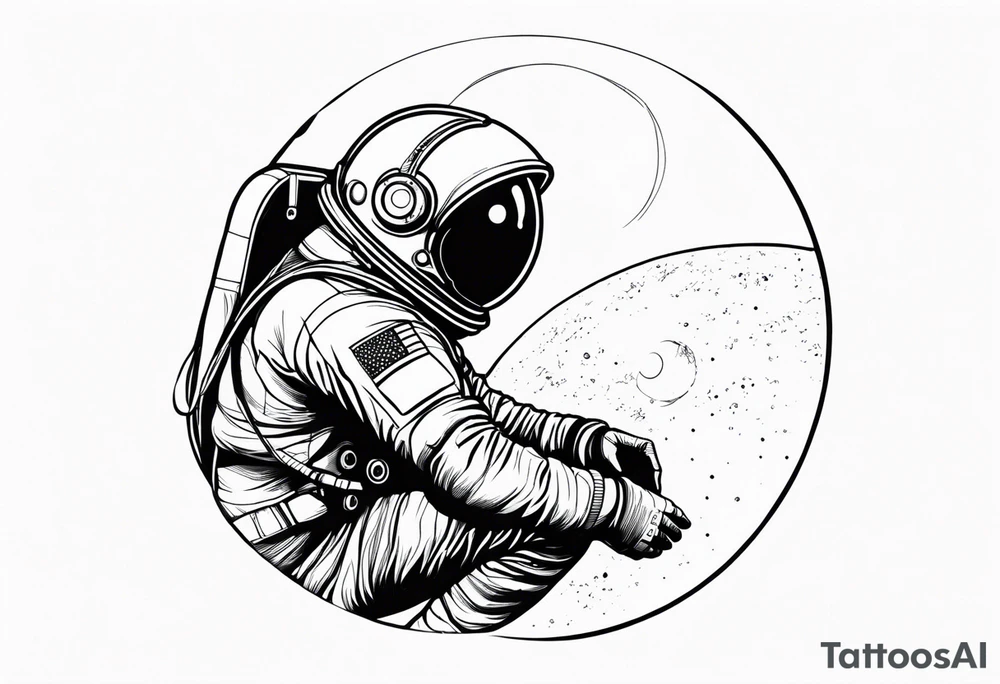 an astronaut hunched over in space from the back holding a planet tattoo idea