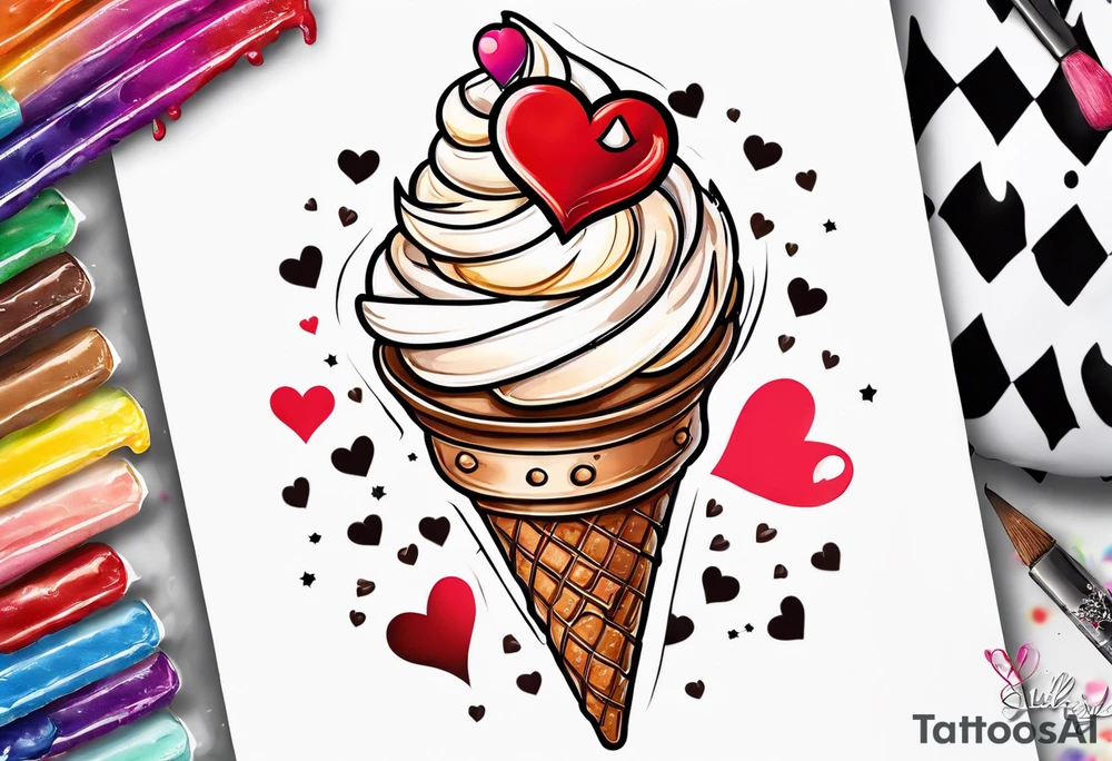 sketch chocolate chip ice cream cone with one red heart tattoo idea