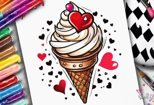 sketch chocolate chip ice cream cone with one red heart tattoo idea