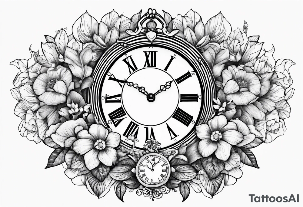 Rainbow baby, flowers, clock tattoo idea