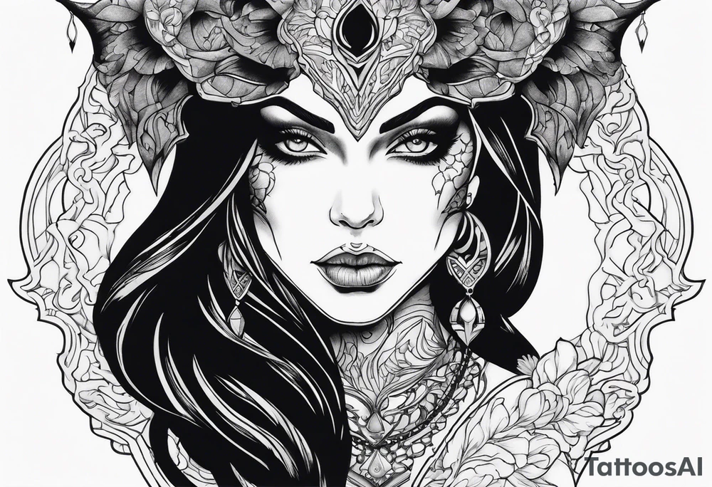 Detailed portrait of a demonic woman tattoo idea