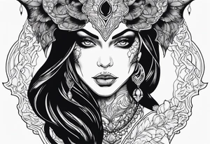 Detailed portrait of a demonic woman tattoo idea