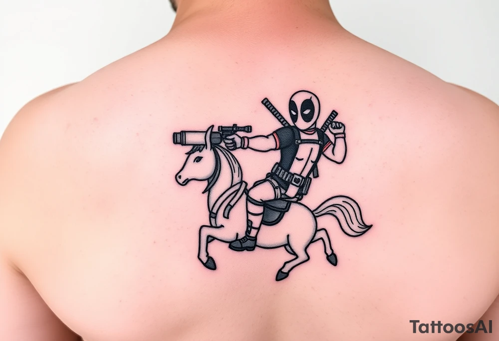 Deadpool riding unicorn pointing rocket propelled grenade launcher tattoo idea