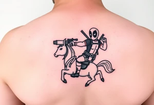 Deadpool riding unicorn pointing rocket propelled grenade launcher tattoo idea