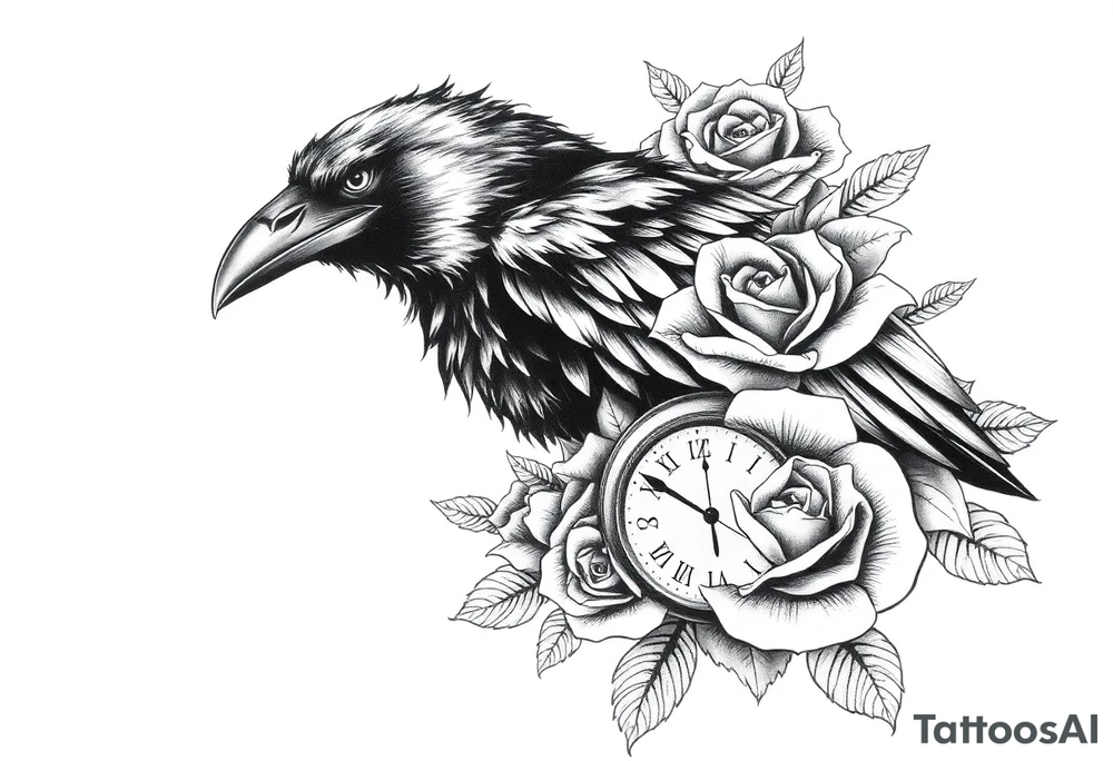 raven,roses,clock. tattoo idea