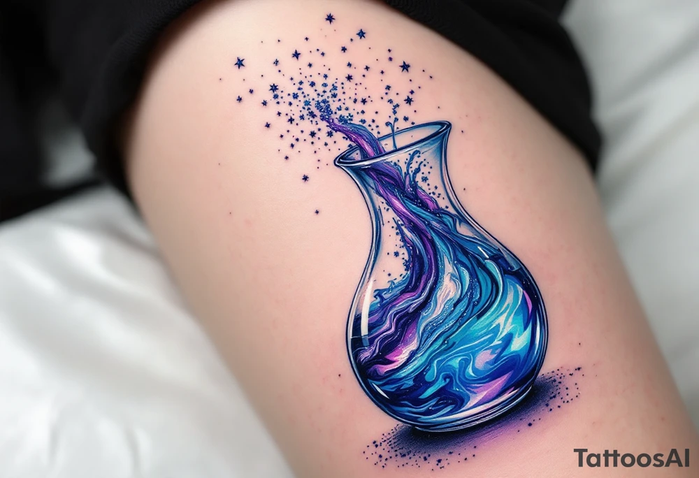 A glass jug filled with a swirling water, with vibrant blues, purples, and silver stardust pouring out like cosmic energy. tattoo idea