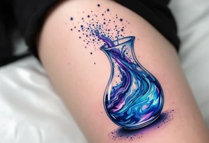 A glass jug filled with a swirling water, with vibrant blues, purples, and silver stardust pouring out like cosmic energy. tattoo idea