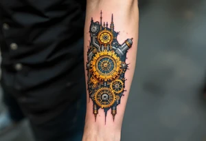 A mechanical full sleeve interface with golden clockwork gears and bronze-plated connectors visible through torn edges. tattoo idea
